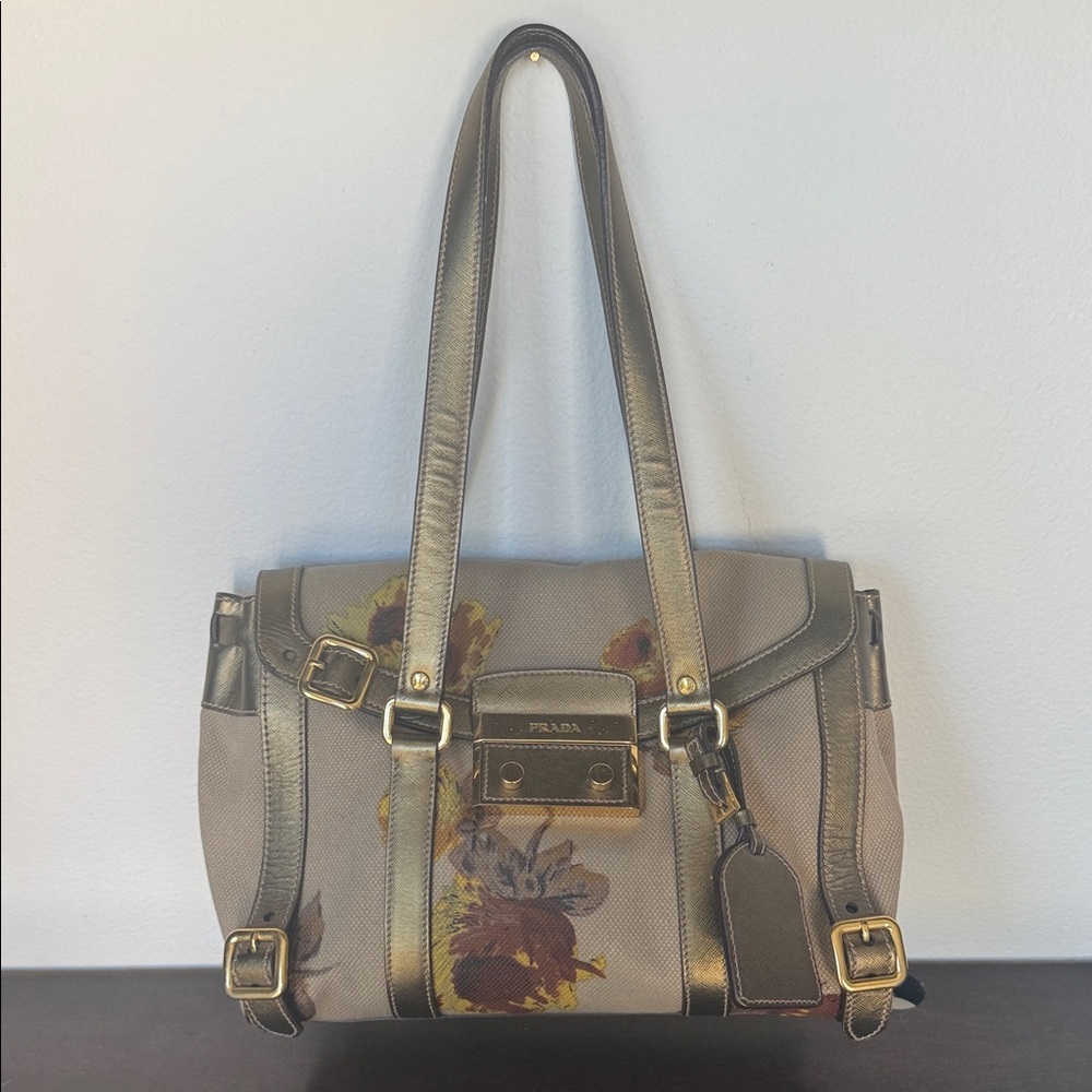Prada Beige and Gold Floral Shoulder Bag